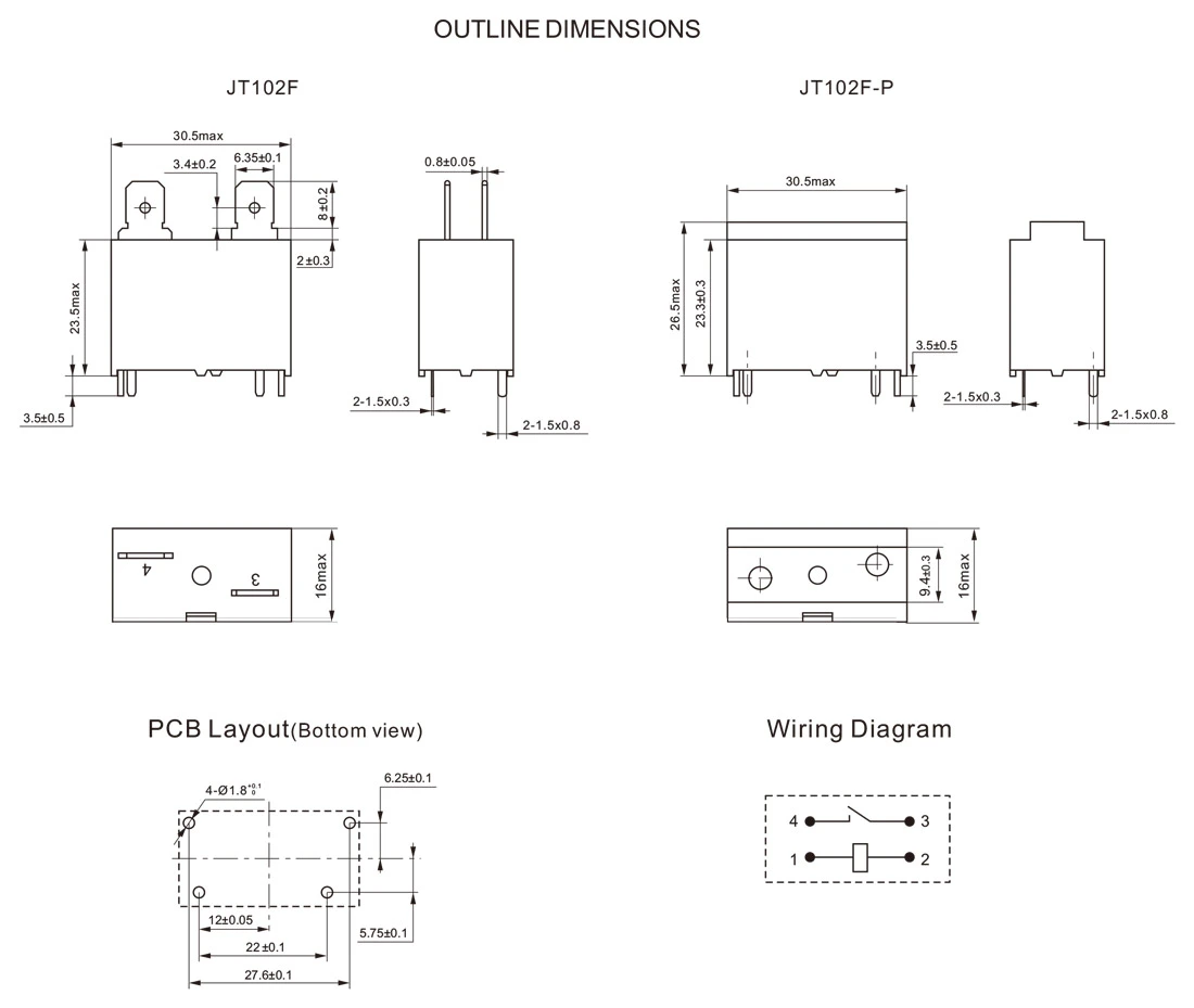 Dimensions of Miniature High Power Relay JT102F