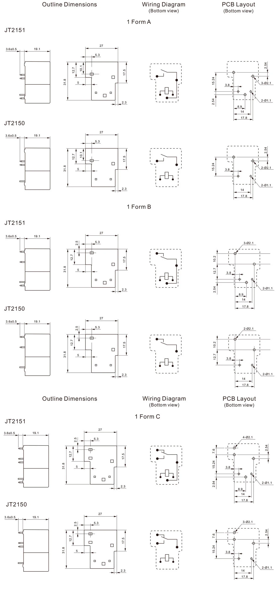 Dimensions of Miniature High Power Relay JT2150